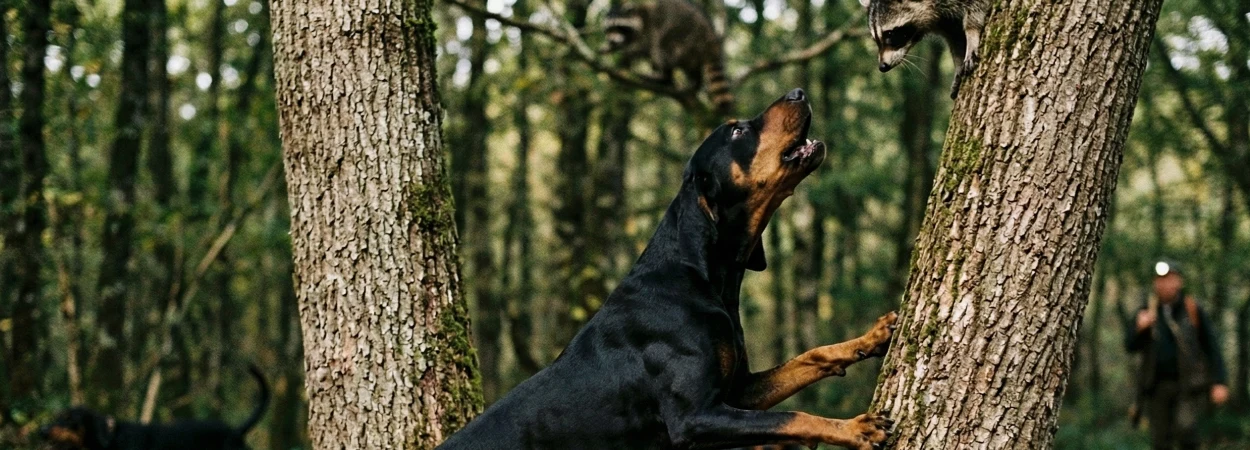 Chien Noir & Feu pour la Chasse au Raton Laveur dans la nature